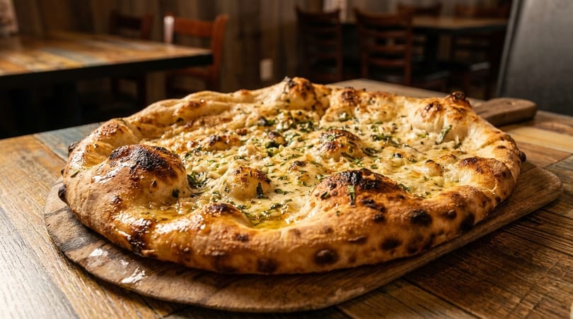 Garlic cheese bread with herbs on a wooden board at a restaurant.