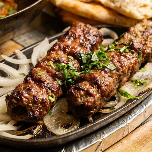 Two grilled seekh kebabs garnished with herbs and onions on a sizzling platter.