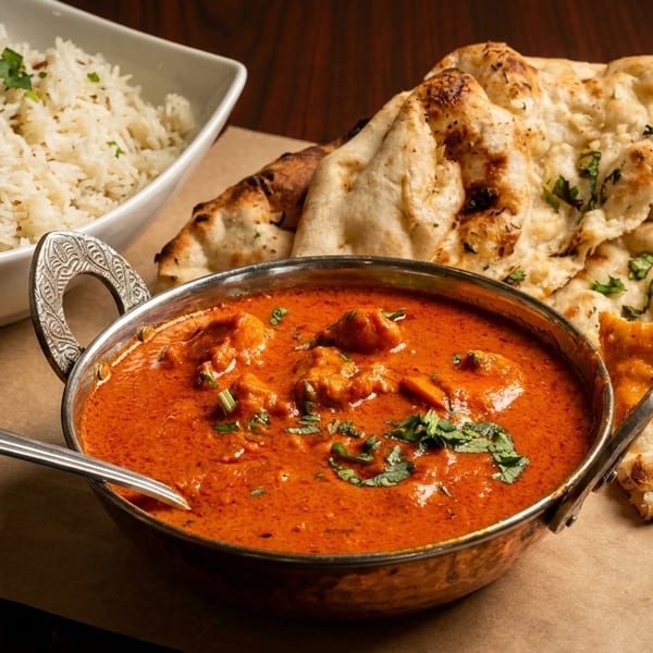 A copper bowl of chicken tikka masala, a bowl of rice, and naan bread on a wooden table.